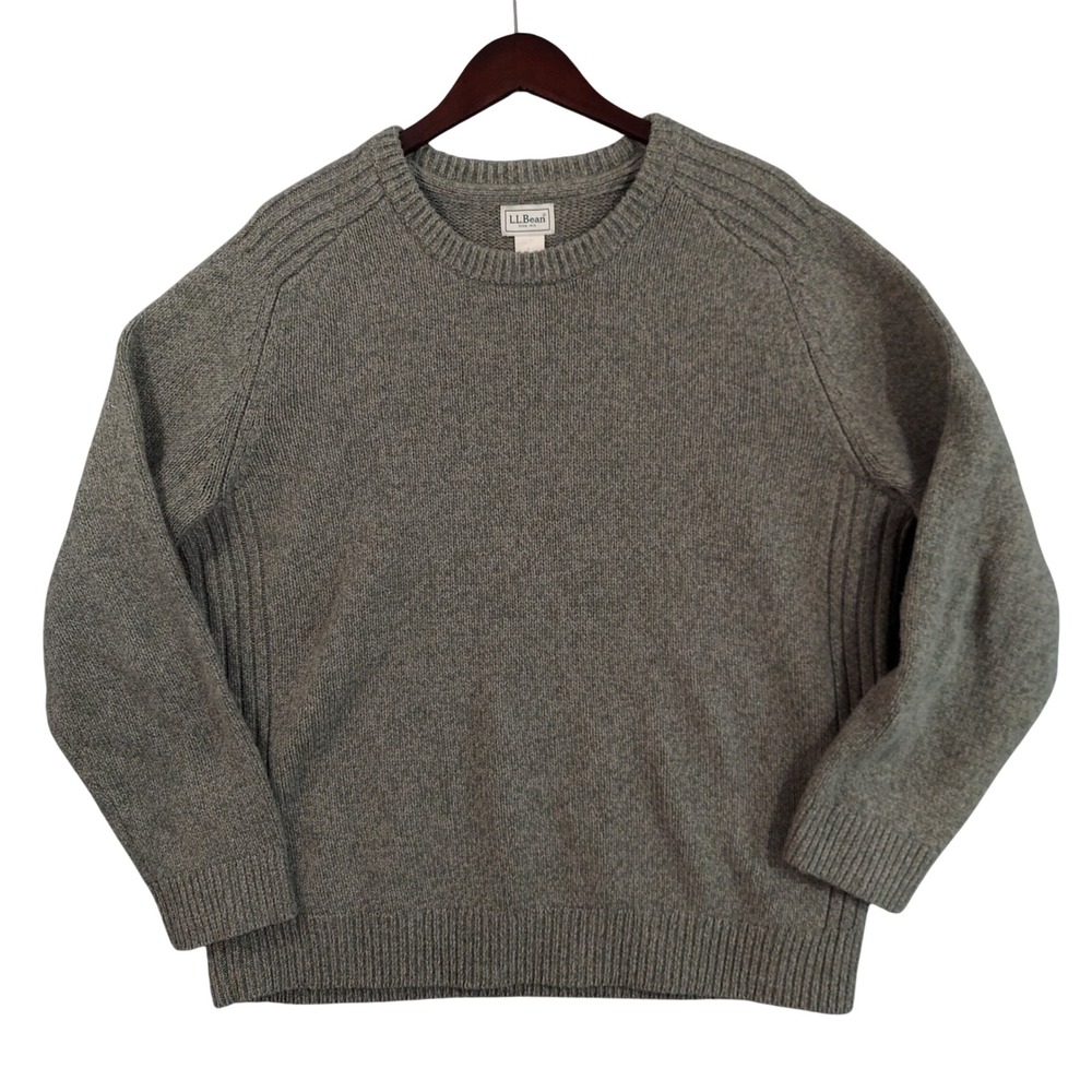LL Bean Sweater Mens XL Gray 100% Lambswool Crewneck Raglan 525906